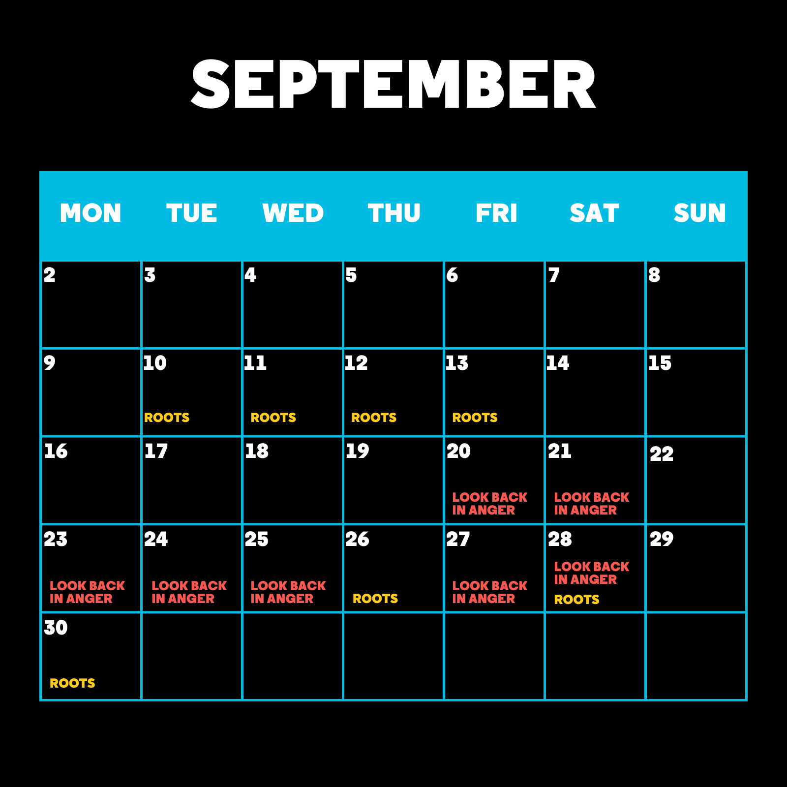 Calendar showing the performance dates for September 2024.